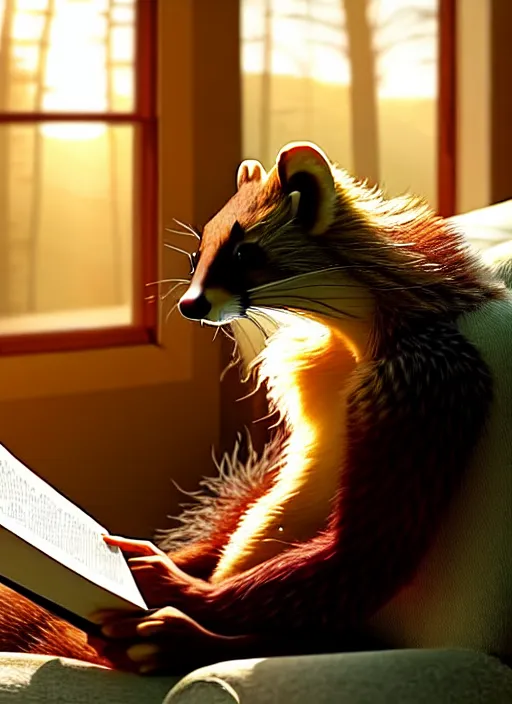 Image similar to A beautiful scene from a 2022 Marvel film featuring a humanoid pine marten in loose clothing reading on a couch. An anthropomorphic pine marten wearing a white shirt. Golden hour.