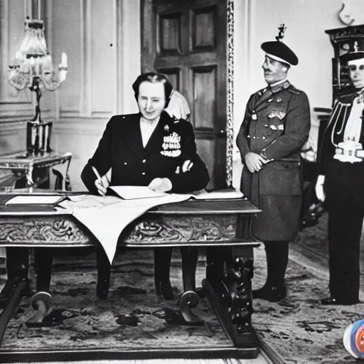 Prompt: ultra wide 1 9 4 6 historical photo 8 5 mm of a single german general signing a peace treaty, a young queen elizabeth holds a corgi and watches the general sign the treaty, french village interior, highly detailed, sharp focus