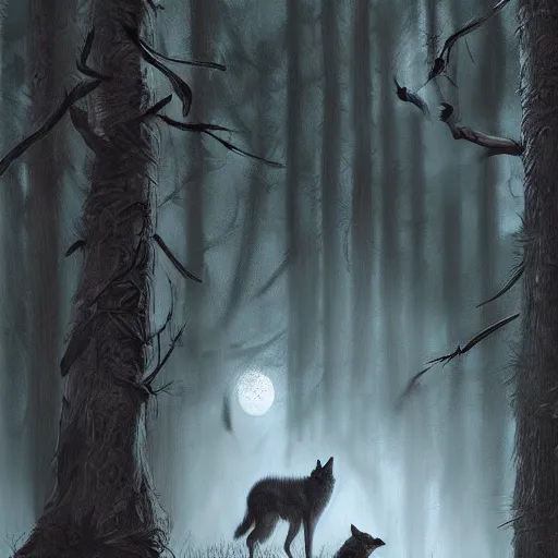 Prompt: wolves asleep amidst the trees, bats are all swaying in the breeze, digital painting, dark fantasy, cinematic lighting, mood lighting, realistic, digital art, trending on artstation, art by rutkowski