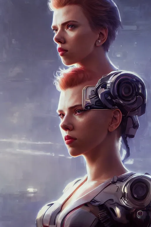 Image similar to a beautiful portrait of Scarlett Johansson as an attractive cyborg by Greg Rutkowski, Sung Choi, Mitchell Mohrhauser, Maciej Kuciara, Johnson Ting, Maxim Verehin, Peter Konig, final fantasy , mythical, 8k photorealistic, cinematic lighting, HD, high details, atmospheric,