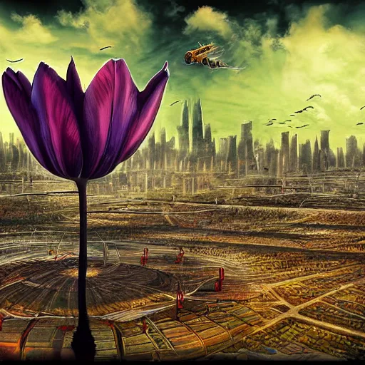 Image similar to flying tulip steam fortress, fantasy art, urban, sky in the background, detailed, behrens style