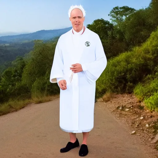 Prompt: anthropomorphic egg benedict wearing white robes