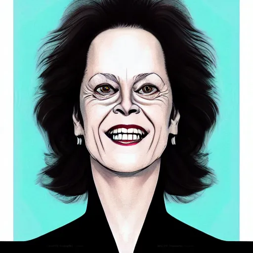 Prompt: sigourney weaver, smiling, happy, beautiful, intelligent, powerful, white hair, loving eyes, fully clothed, wise, beautiful, dramatic lighting, sharp focus, by stanley artgerm, dramatic lighting, trending on artstation, flat colour, geometric curves, gradient filter, art deco patterns