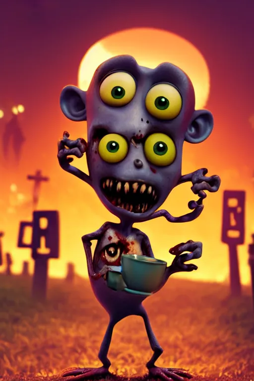 Image similar to a funny zombie character with big eyes holding a cup of coffee on a cemetery at night. pixar disney 4 k 3 d render movie oscar winning trending on artstation and behance. ratatouille style.