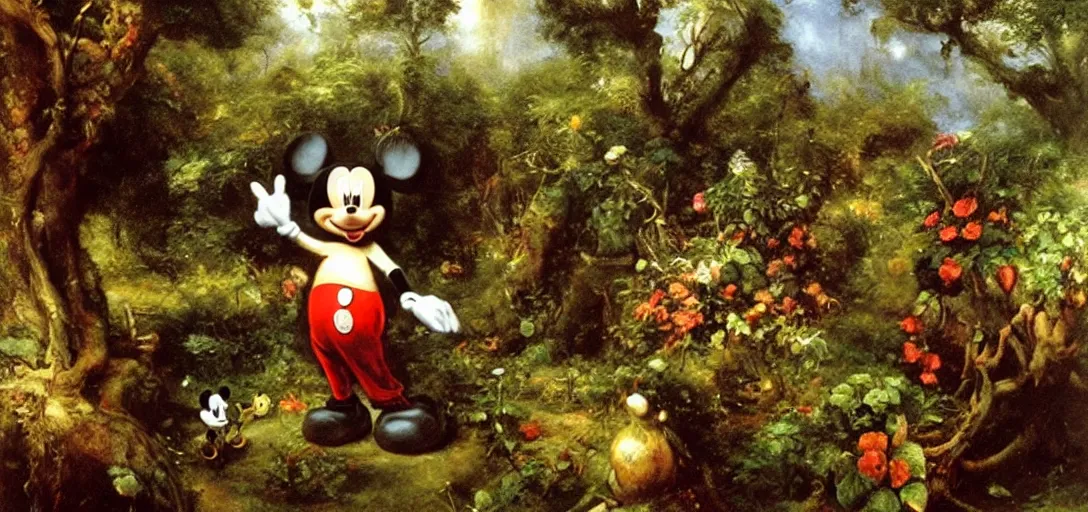 Prompt: mickey mouse entering the garden of eden, detailed oil painting by jan matejko