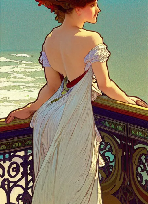 Image similar to pretty young woman leaning against the railing at the beach, path traced, highly detailed, high quality, digital painting, by alphonse mucha, disney