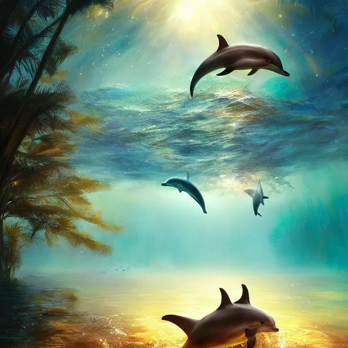 Image similar to dolphin swimming underwater, golden hour, god rays, coral reef, dreamscape by artgerm and ruan jia and ismail inceoglu and greg olsen, cosmos, milky way galaxy, masterpiece, beautiful, intricate, elegant, highly detailed, palm trees