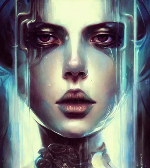 Image similar to portrait of a dark Jedi by karol bak, WLOP, James Jean, tom bagshaw, rococo, trending on artstation, fantasy magic fashion girl portrait, glossy eyes, face, fantasy, intricate, elegant, highly detailed, digital painting, concept art, smooth, sharp focus, illustration, cinematic lighting, hyper realism, octane render, 8k, hyper detailed.