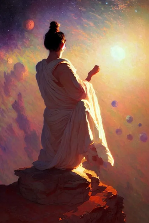 Image similar to space, buddhism, painting by greg rutkowski, artgerm, claude monet, j. c. leyendecker