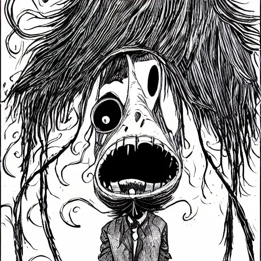 Image similar to black and white trippy comic art of a painful facial expression, hurting & uncomfortable, drawn by Martin Rowson, Tim Burton, Studio Ghibli, Alex Pardee, Nekro Petros Afshar, James McDermott, cgsociety 4K