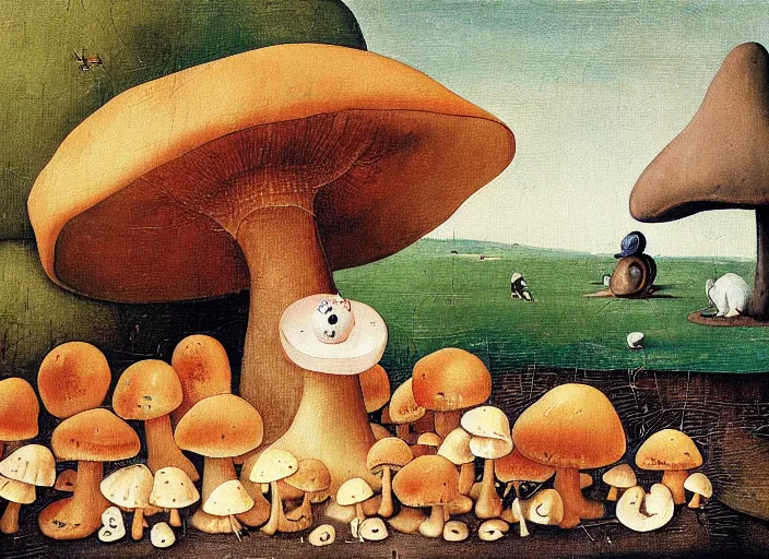 Image similar to a painting of a cute creature sitting next to a mushroom, detailed, realistic, in style of hieronymus bosch