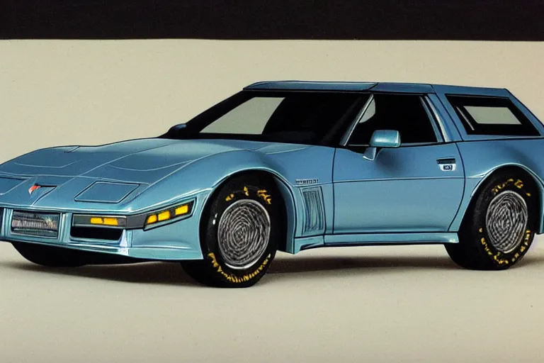 Prompt: intricate, 3 d, 1 9 8 8 c 5 corvette trans am four - door wagon estate, style by caspar david friedrich and wayne barlowe and ted nasmith.