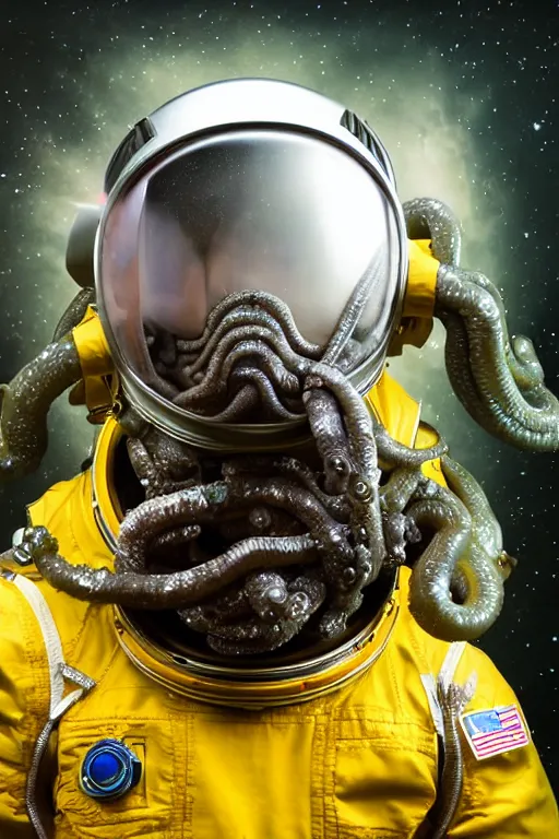 Image similar to extremely detailed studio portrait of space astronaut, alien tentacle protruding from eyes and mouth, slimy tentacle breaking through helmet visor, shattered visor, full body, soft light, disturbing, shocking realization, award winning photo by manny librodo