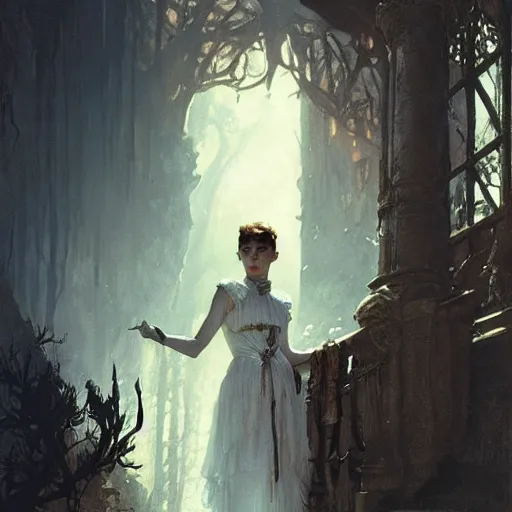 Image similar to audrey hepburn in a horror novel, various backgrounds, highly detailed, digital painting, artstation, matte, illustration, art by gaston bussiere, greg rutkowski, j. c. leyendecker