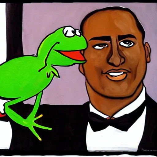 Prompt: portrait of kermit the frog in a tuxedo