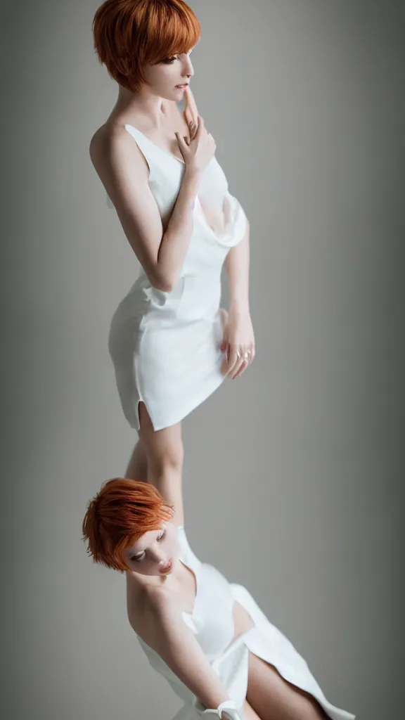 Prompt: an extremely beautiful studio shot of emily skinner with bright short hair wearing heels and white dress, in a white room, pale skin, bokeh, very very very very beautiful!!, hard focus, sexy pose, full body shot, 9 0 mm, f / 1. 2 5