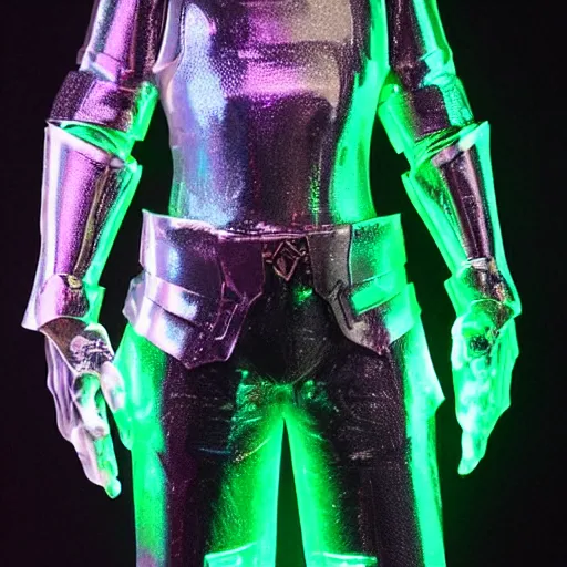 Prompt: holographic corinthian armor, man wearing armor, glowing, see through, spectacular