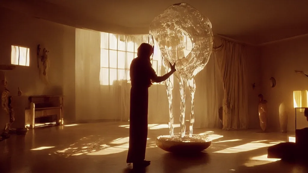 Image similar to a giant hand made of wax and water floats through the living room, film still from the movie directed by Denis Villeneuve with art direction by Salvador Dalí, wide lens