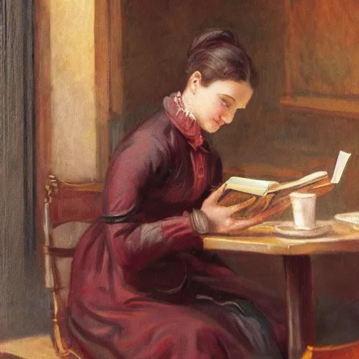 Prompt: a woman reading a book in 1 9 th century caffe. realistic, highly detailed, full of colors, 4 k