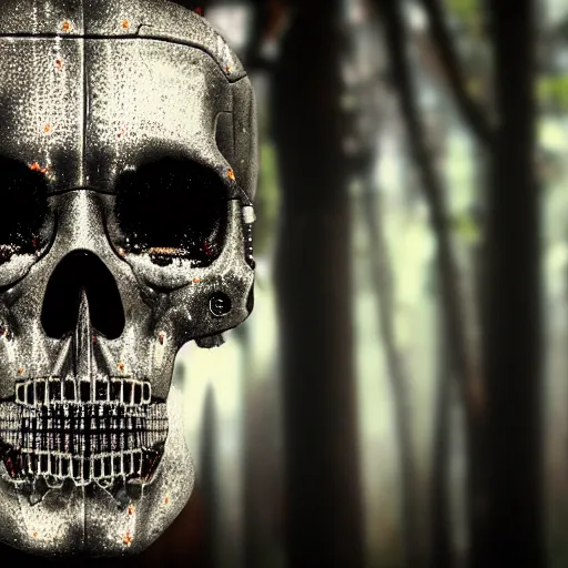 Image similar to extremely detailed portrait of a terminator's head, packed with cybernetics and and borg enhancements and has lit optic fibers inside. In a forest with bokeh. No plating, only frame of skull.