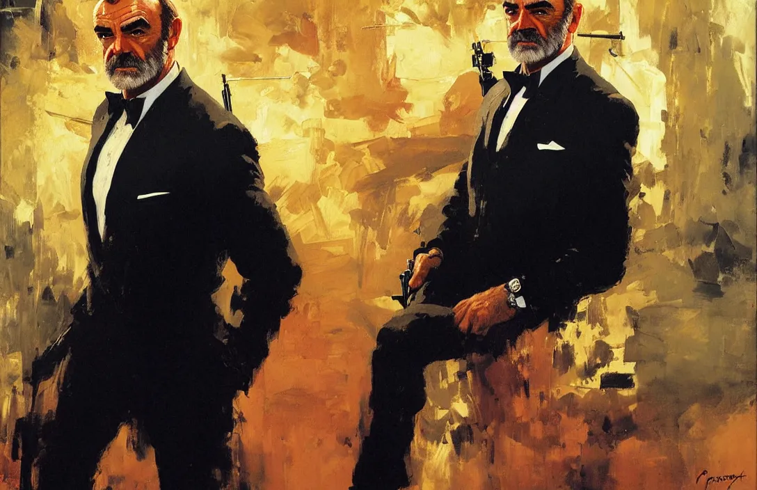 Image similar to portrait of sean connery as james bond!!!!!!!!!!!!!!!!!!!!!!!!!!!, detailed face, detailed painting, epic lighting, by ilya repin, phil hale and kent williams