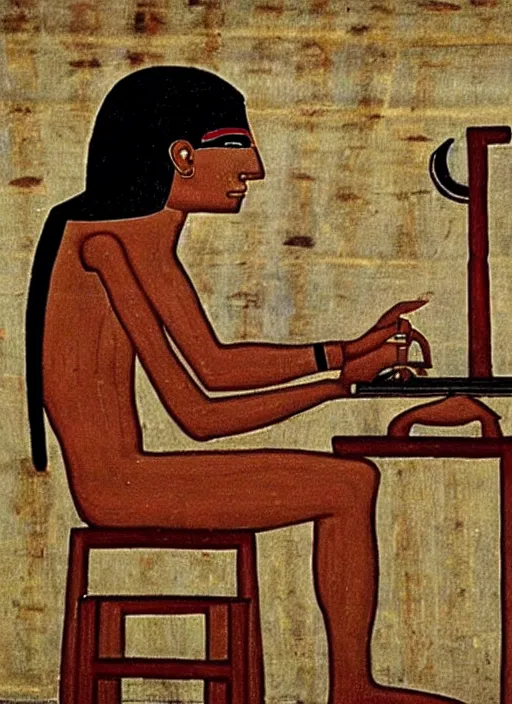 Image similar to ancient egypt painting of man using computer, 4 k, high quality, sharp fucos