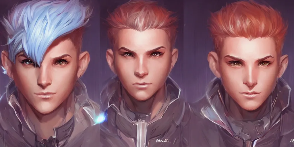 Image similar to concept art of young male netrunner d & d video game characters head designs, unique hair designs, by marc brunet and artgerm