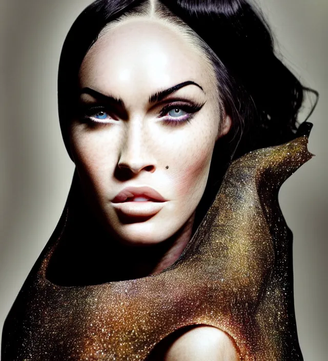 Image similar to photography facial portrait of megan fox, natural background, natural pose, wearing one organic futurist cape from iris - van - herpen, with a subtle colorfull - makeup. highly detailed, skin grain detail, photography by paolo roversi, nick knight, helmut newton, avedon, araki