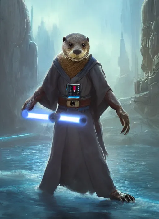 Image similar to portrait, anthropomorphic otter wearing Jedi robes wielding a blue lightsaber in a futuristic river town. Dramatic lighting, cinematic, establishing shot, extremely high detail, photo realistic, post processed, artstation, matte painting, style by eddie mendoza, raphael lacoste, alex ross