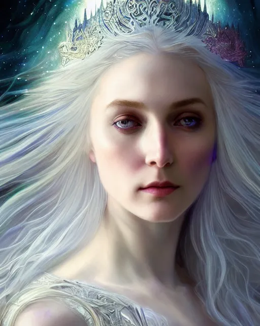 Prompt: realistic portrait of a beautiful white witch, crafting spells, bright witch, beautiful face, fantasy, chaos, magic, dark magic, dramatic lighting, intricate, wild, highly detailed, digital painting, artstation, concept art, smooth, sharp focus, illustration, art by artgerm and greg rutkowski and alphonse mucha, footage from space camera