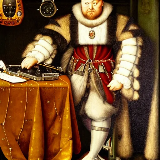 Image similar to king henry viii building a computer pc from scratch with a screwdriver and electronics, funny anachronism, wearing a crown and royal robes, 17th century detailed oil painting