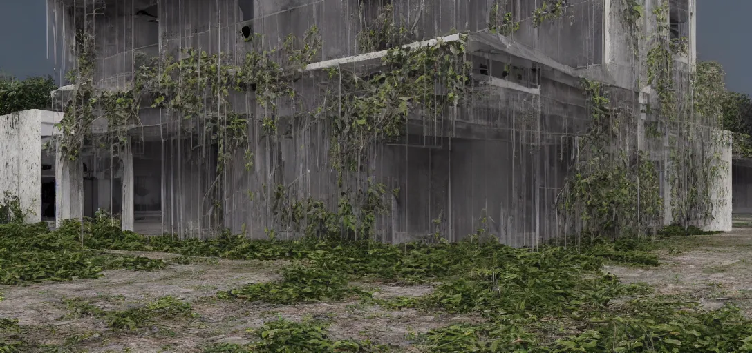 Prompt: exterior abandoned modern building architecture, some vines, daylight, volumetric, hyper realistic, artstation photo realististic, 8k cinematic, high texture detail,