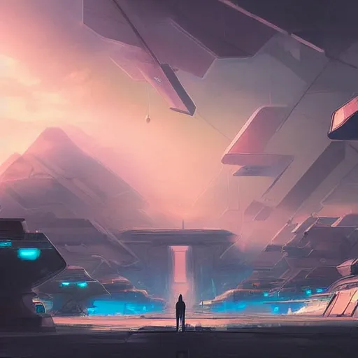 Prompt: scifi concept art of a futuristic city near to a big lake by greg rutkowski, cumulonimbus clouths, sunset, nostalgic, very very very beautiful art, cinematic lighting, bright pastel color, blue sky