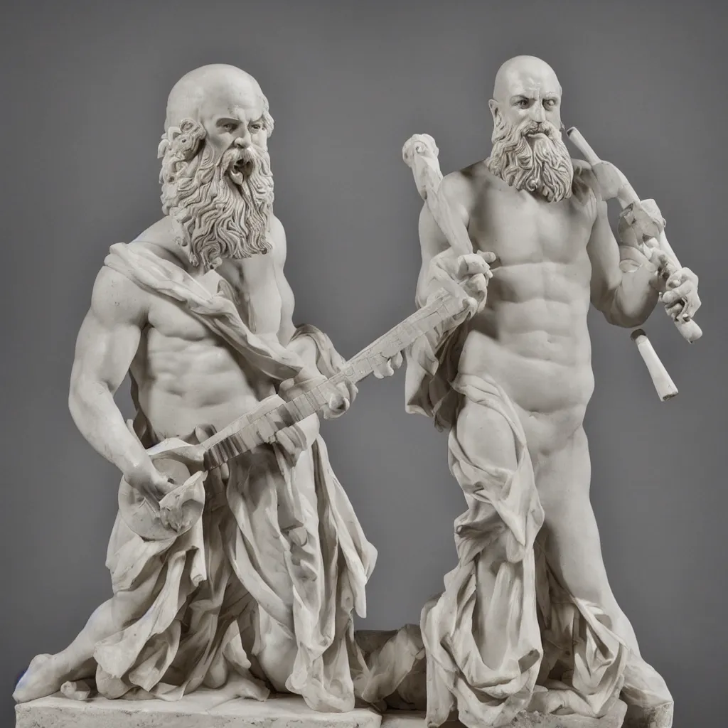 Image similar to epic greek marble statue of a bald man with a long beard playing a marble guitar, photo, chiaroscuro