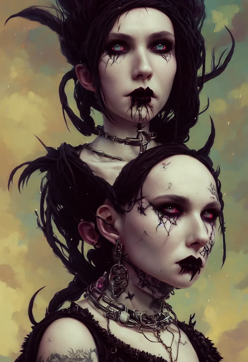 Prompt: beautiful very extreme closeup portrait, goth girl, piercings collar, mohawk hairstyle, medieval dress. witch, makeup. unreal engine, greg rutkowski, loish, rhads, beeple, tom bagshaw, alphonse mucha, global illumination, detailed and intricate environment