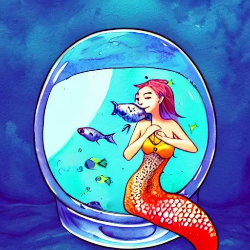 Prompt: watercolor marker drawing of a mermaid sitting in a fish bowl, a storybook illustration by cyril rolando, featured on pixiv, pop surrealism, fisheye lens, anime