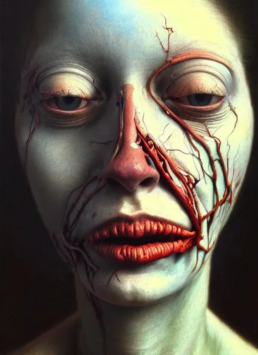 Image similar to there is ugliness in beauty, but there is also beauty in ugliness detailed portrait painting inspired by beksinski and alex gray, accurate anatomy by jenny saville, edward hopper trending on artstation. 8 k