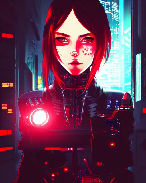 Image similar to a detailed potrait of a cyberpunk cyborg girl with black and red parts, fine - face, realistic shaded perfect face, detailed. night setting. very anime style. realistic shaded lighting poster by ilya kuvshinov katsuhiro, unreal engine, global illumination, radiant light, detailed and intricate environment