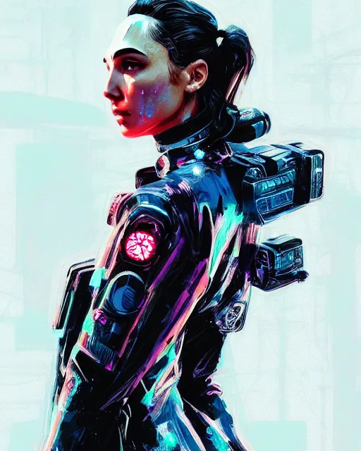 Image similar to detailed portrait Gal Gadot Neon Operator Girl, cyberpunk futuristic neon, reflective puffy coat, decorated with traditional Japanese ornaments by Ismail inceoglu dragan bibin hans thoma greg rutkowski Alexandros Pyromallis Nekro Rene Maritte Illustrated, Perfect face, fine details, realistic shaded, fine-face, pretty face