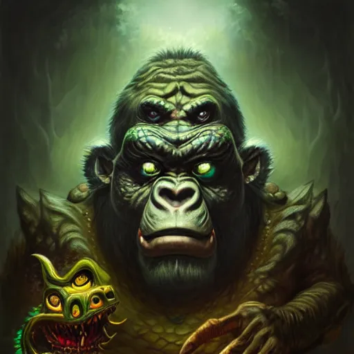 Image similar to first person view of barong family member, wiwek, mara demon, one single tribe member, jungle, one single mask, dark, ancient warrior, gorilla, lizard, tribal, inner glow, paint by peter mohrbacher