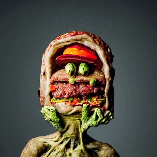 Image similar to a humanoid bipedal upright zombie that strongly resembles a hamburger, professional food photography