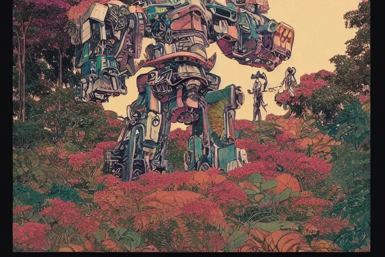 Image similar to gigantic man head, a lot of exotic vegetation around, trees, tremendous mecha robot, flowers, risograph!, oldschool vintage sci - fi flat surreal design, super - detailed, painting by moebius and satoshi kon and jodorwski