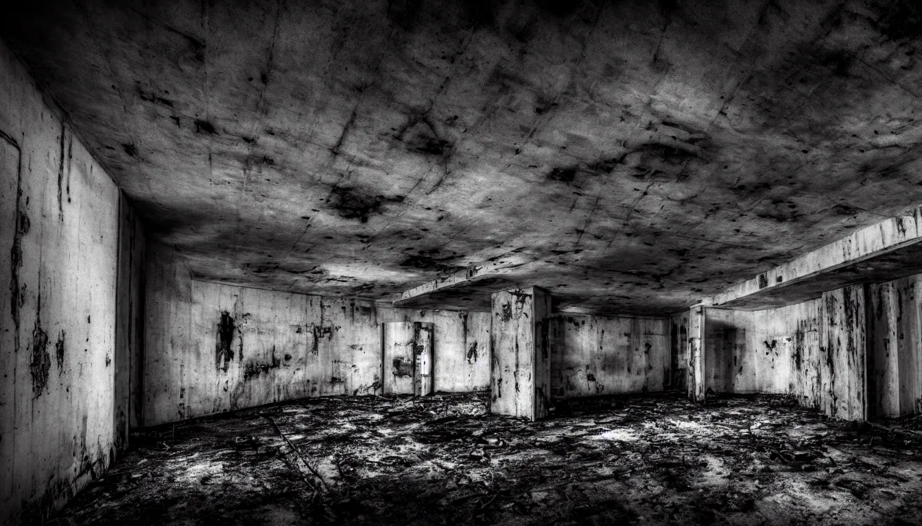 Prompt: haunted abandoned atomic nuclear bunker, dark, atmospheric, scary, claustrophobic, ambient vibe, very detailed, black and white, 4 k