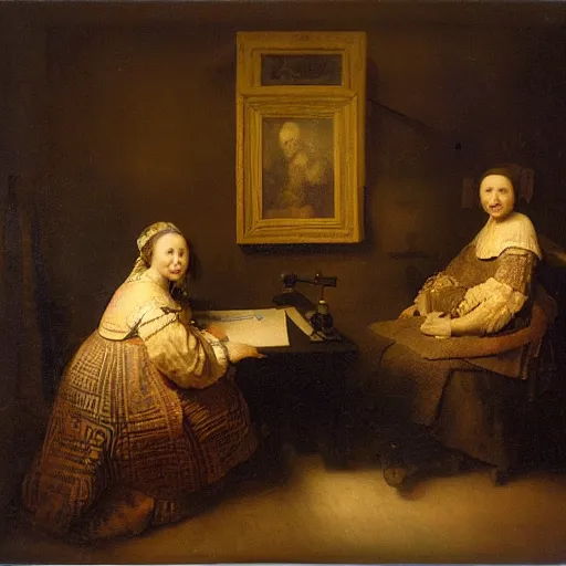 Prompt: two women working in a recording stduio, rembrandt style, but as photography