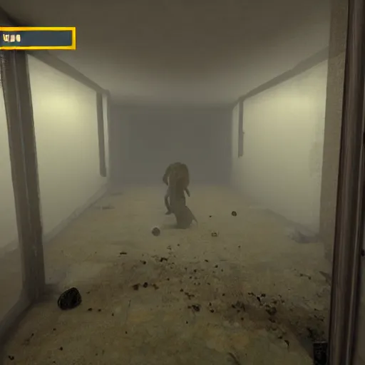 Image similar to a small long room the room is dirty in the right side there is a window you can't see anything because there's a fog in the right window in the left side there is a door in the other side of the door they are a couple of zombies getting the door the door is almost broken because of the zombies