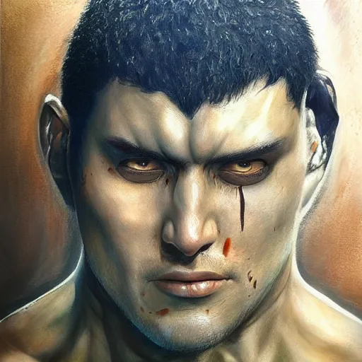 Image similar to Hyper-realistic painting of Guts From Berserk in water painted by Mike Dargas