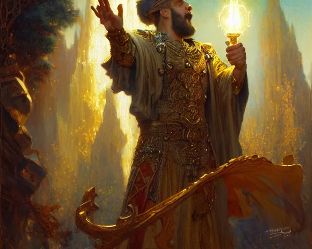 Image similar to ornate wizard man, casting light magic, summoning a noble deity. highly detailed painting by gaston bussiere, craig mullins, j. c. leyendecker 8 k