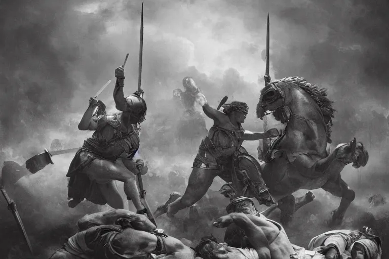 Image similar to Movie scenes of Roman soldiers in battle with Britannia, in the style of Greg Rutkowski and Michelangelo and Eugène Delacroix, extremely moody lighting, glowing light and shadow, atmospheric, shadowy, cinematic