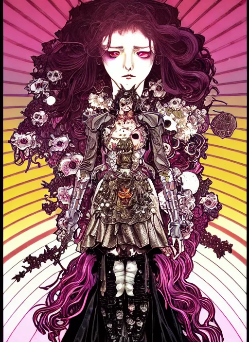 Image similar to highly detailed terada katsuya artstation ayami kojima manga poster of princess mechine enraged damaged angry zombie, rainbow gradient reflection, long hair, armor, dress, laces, ruffles, 8 k, maximalist,, jump comics, tomer hanuka, alphonse mucha