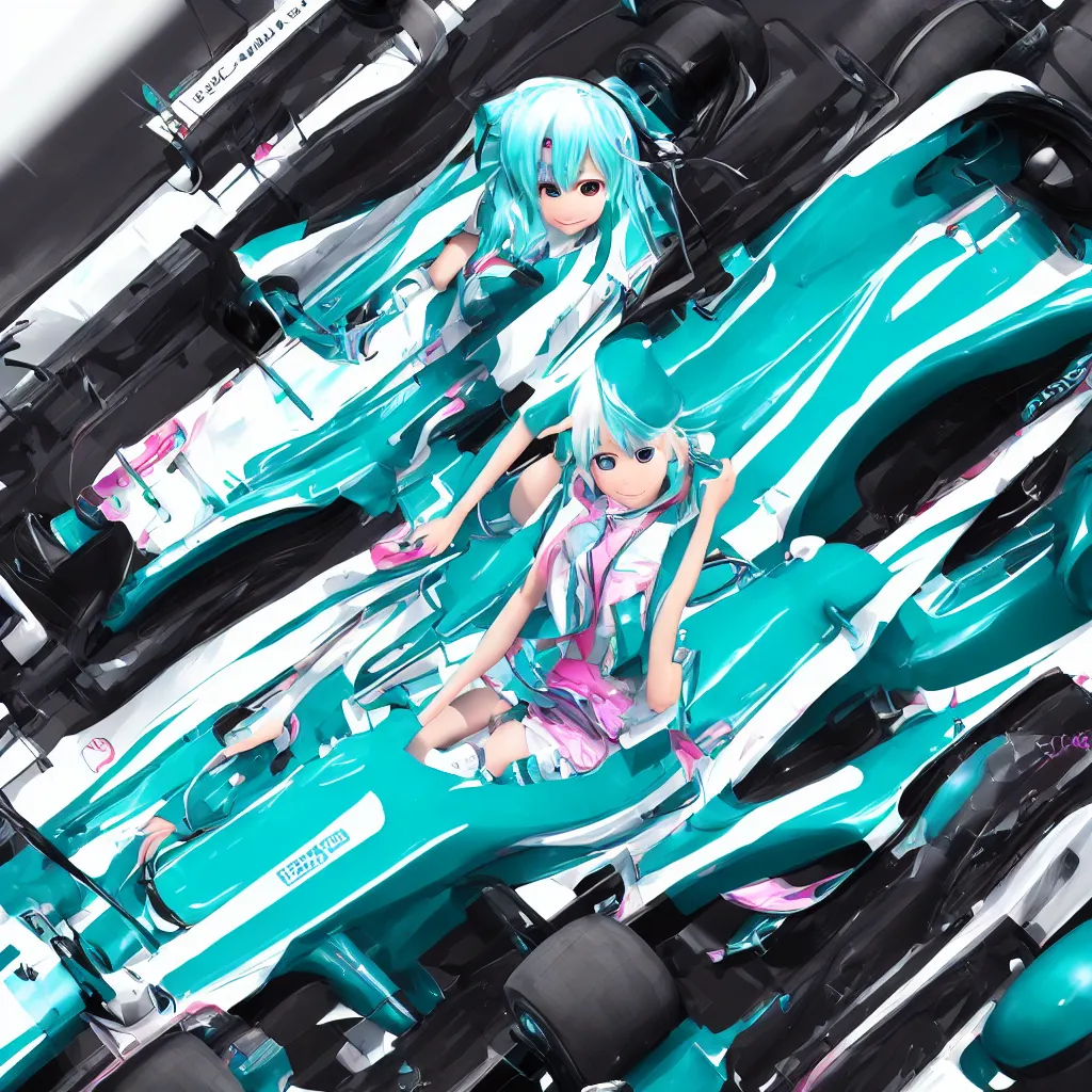 Image similar to hatsune miku driving an f 1 racecar photorealistic high resolution